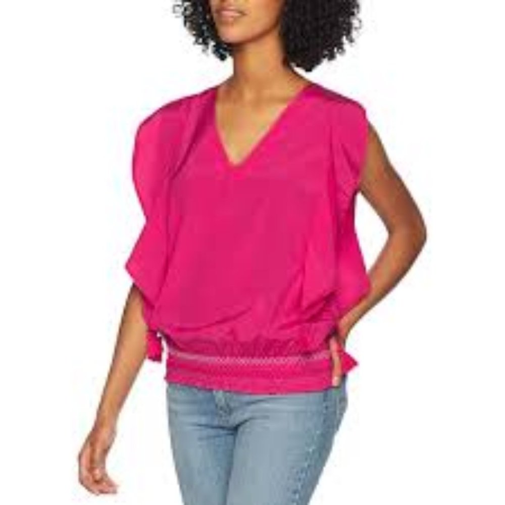NWT Trina Turk Silk Blend Flounce Trim Tie-Back Flutter Top Hot Pink Sz M Tassel